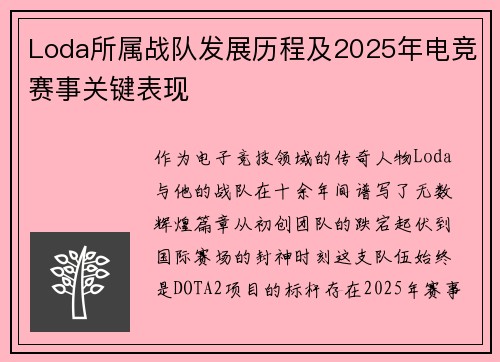 Loda所属战队发展历程及2025年电竞赛事关键表现