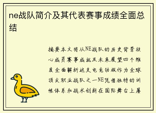ne战队简介及其代表赛事成绩全面总结